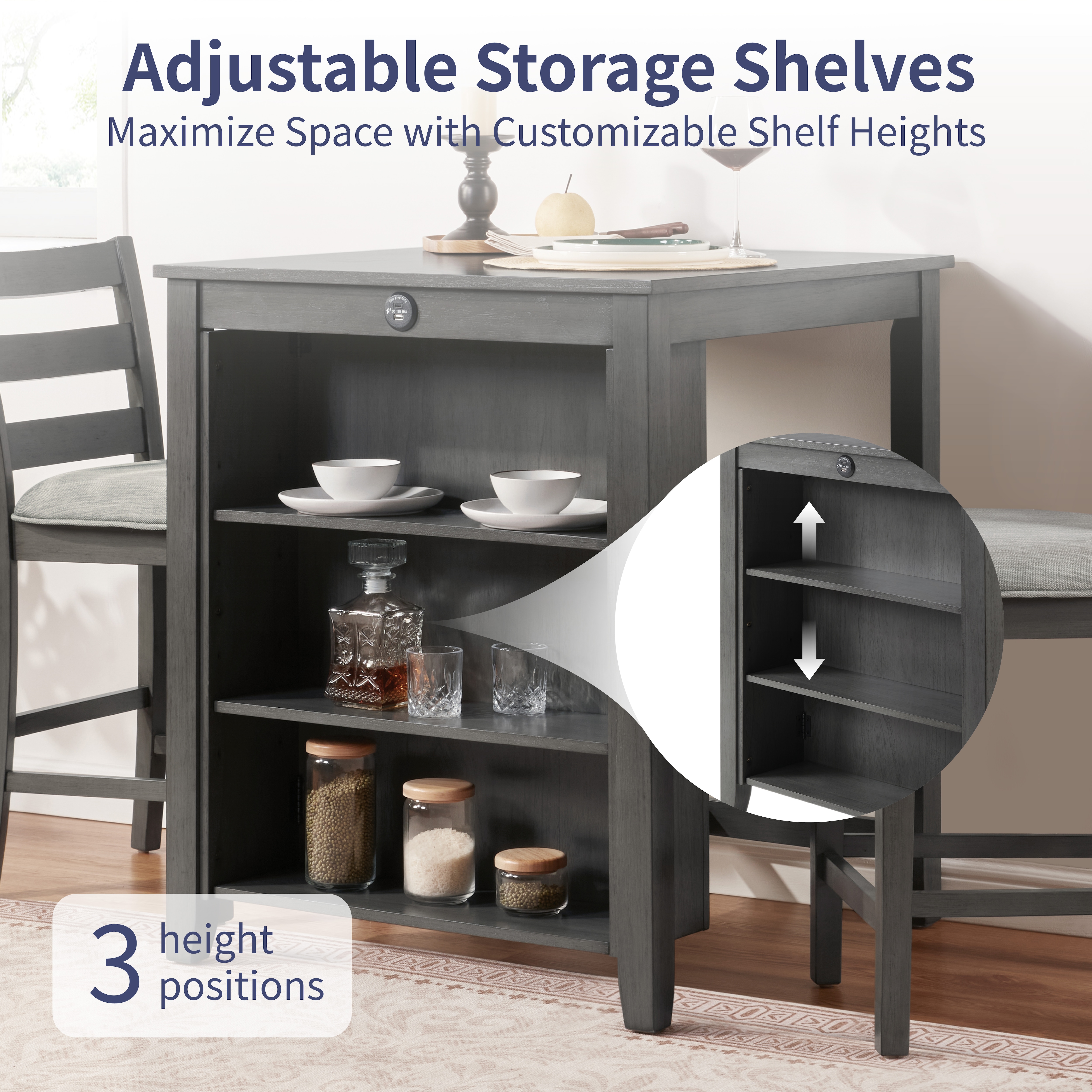 30" Modern Dining Table Set for 2 with Charging Station & 3-Tier Adjustable Storage | Space-Saving Kitchen Set with Upholstered Chairs for Small Spaces, Apartment,Gray 30" Modern Dining Table Set for 2 with Charging Station & 3-Tier Adjustable Storage | Space-Saving Kitchen Set with Upholstered Chairs for Small Spaces, Apartment,Gray